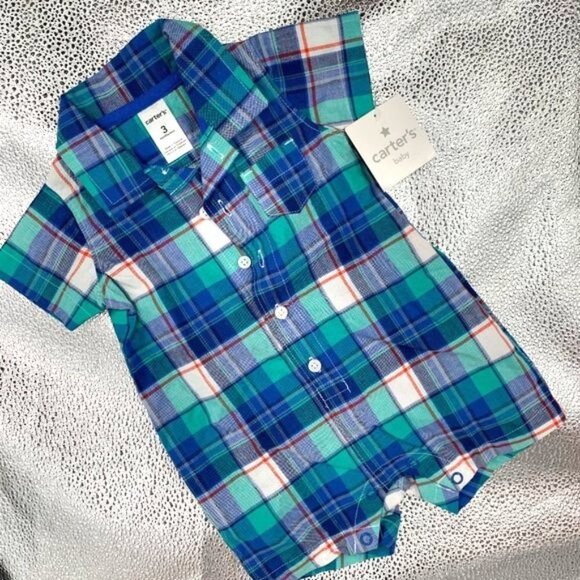CARTER'S Plaid Romper Bodysuit 3 Months NWT Blue - Picture 1 of 6